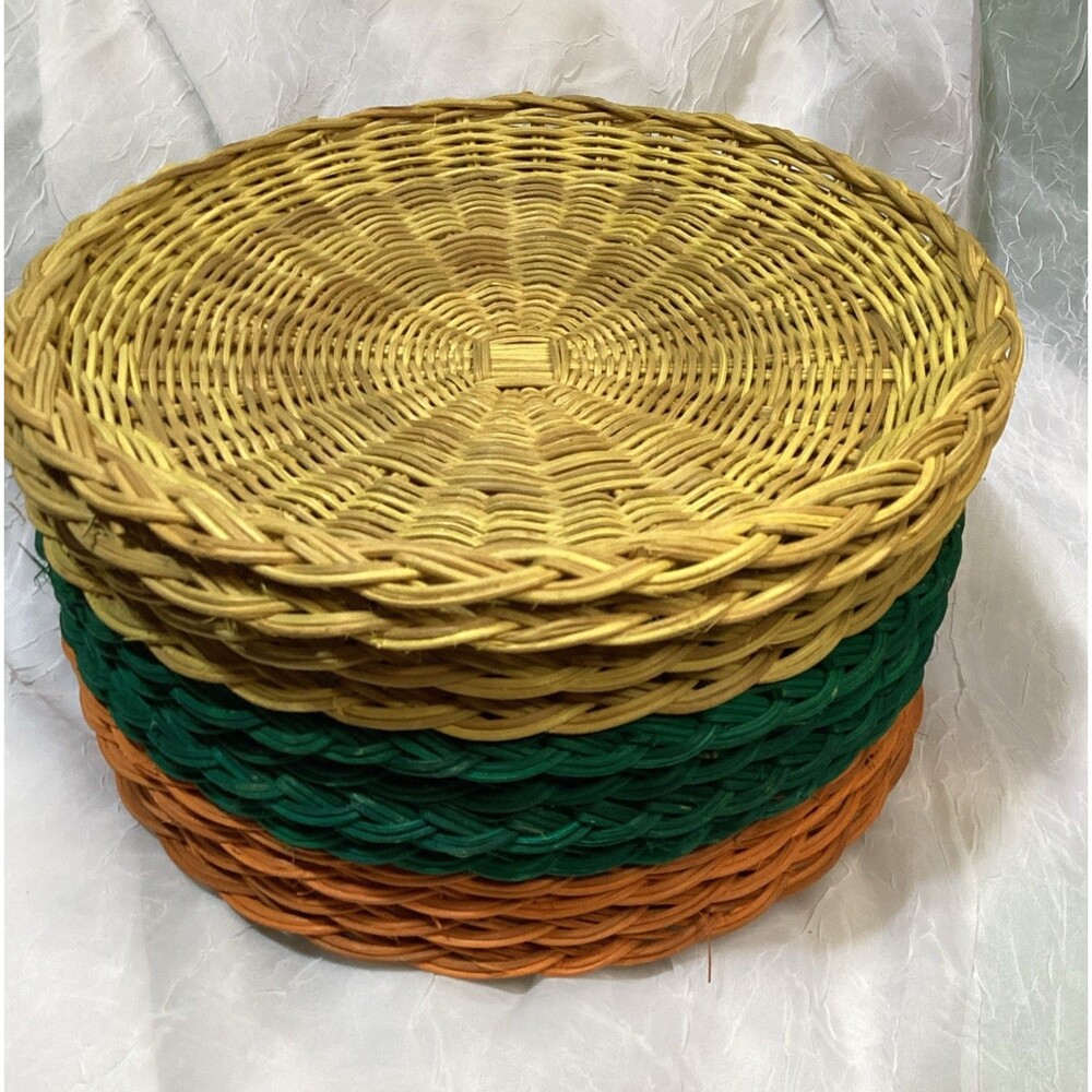 Vintage Wicker Rattan Paper Plate Holders Picnic Green Yellow & Orange Lot of 12